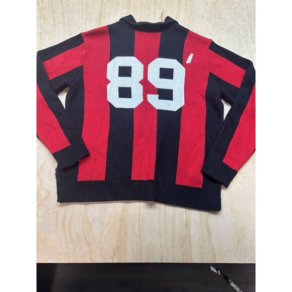 Obey Sweater Mens Large Red Black Polo Pullover Soccer Jersey 89 Stripe Knit - Picture 5 of 7